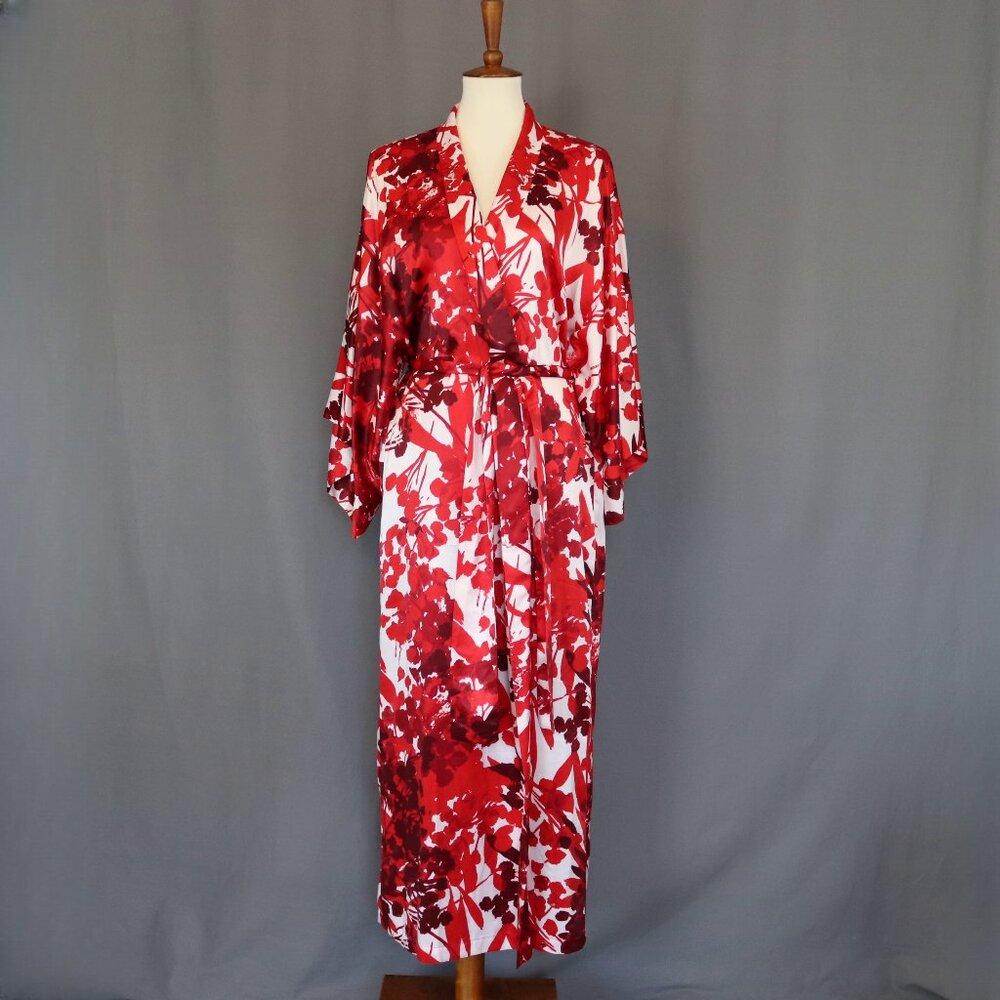 Natori Medium Floral Long Red & White Robe Charmeuse